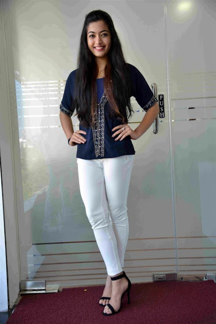 Hot Actress Rashmika Mandanna Long Hair In Blue Top Tight White Pant 3